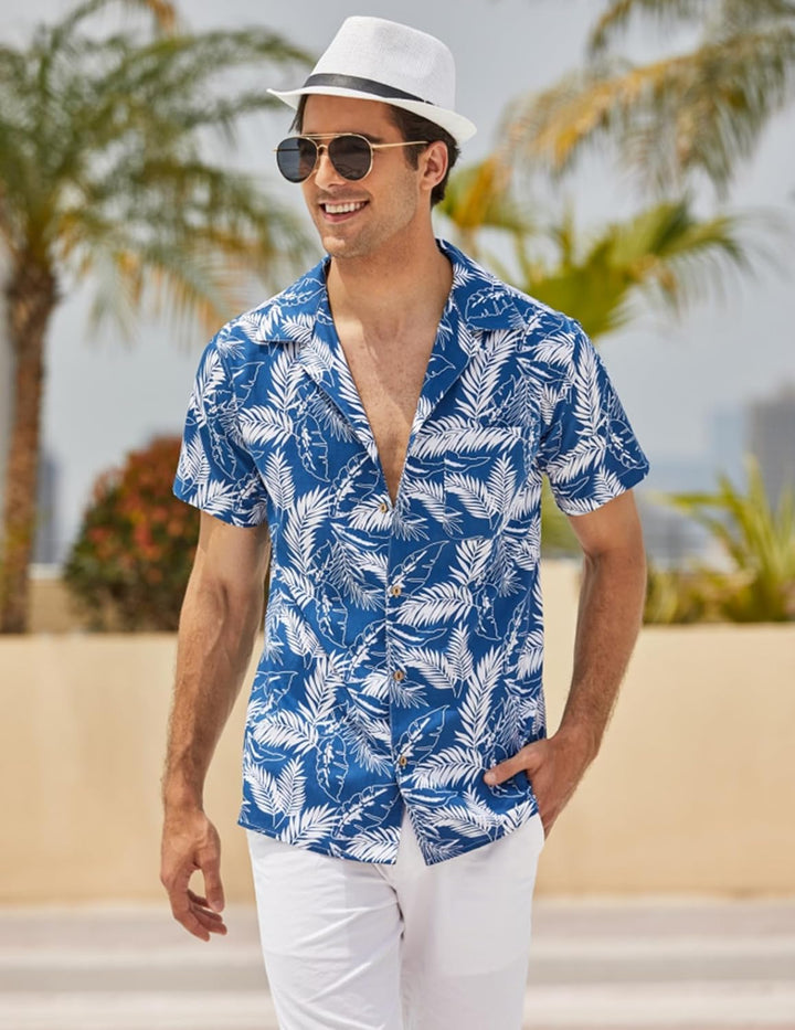 COOFANDY Hawaii Hemd Männer Kurzarm Sommer Fronttasche Hawaii-Print Freizeit Funky Baumwolle Hawaiih