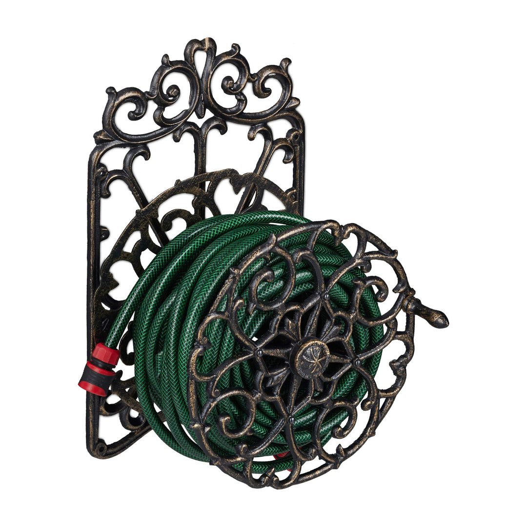 Relaxdays Schlauchhalter, antikes Design, drehbar, Wandhalter Gartenschlauch, Gusseisen, HBT: 52x33x