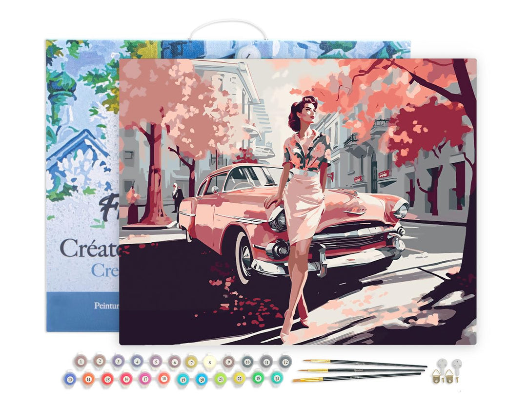 Figured'Art Malen Nach Zahlen Erwachsene Mit Rahmen Dame mit Rosa Oldtimer - Paint by Numbers Bastel