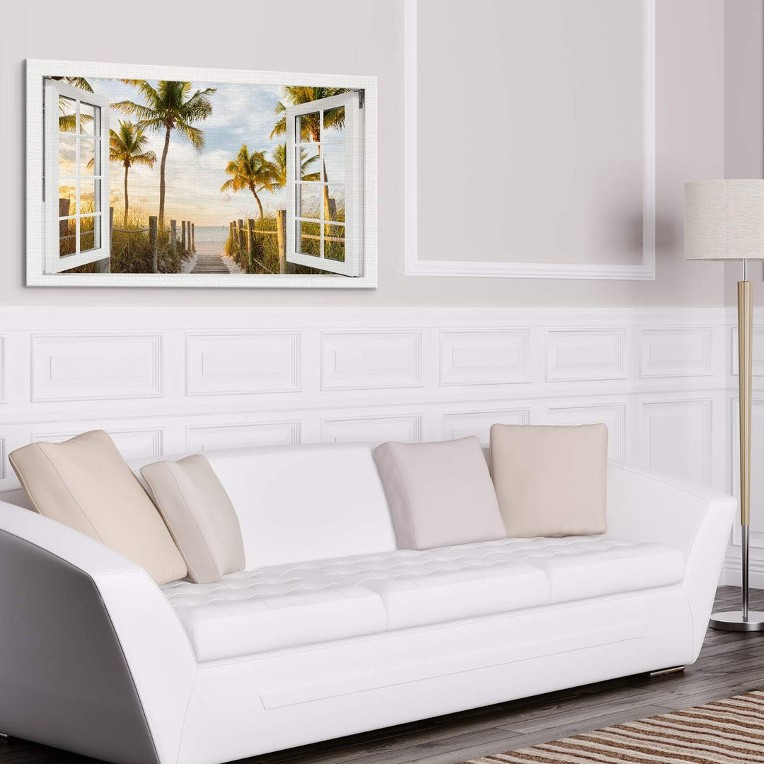 PICANOVA – Bild auf Leinwand Palmenweg zum Meer Fenster 100x50cm – Leinwandbild – Premium Leinwanddr