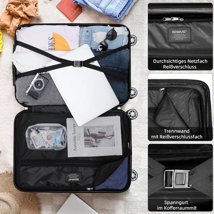 BEIBYE Zwillingsrollen 2048 Hartschale Trolley Koffer Reisekoffer Taschen Gepäck in M-L-XL-Set (Blau