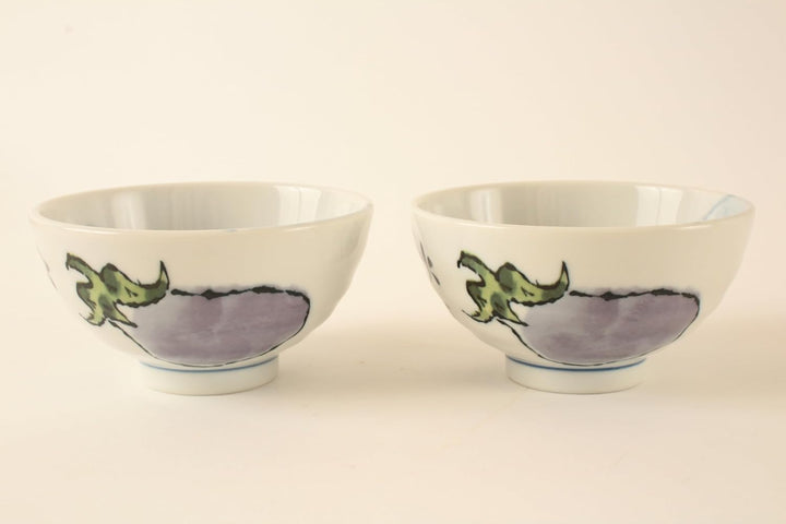 Mino ware Eierpflanze, japanische Keramik, Reisschalen, Gemüsemuster, hergestellt in Japan, 2 Stück