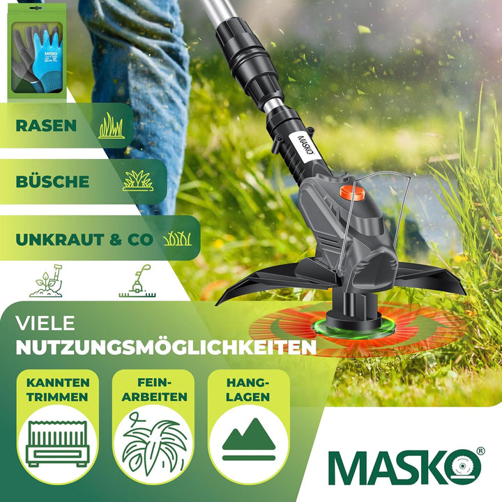 MASKO® Akku-Rasentrimmer mit 20 V Li-Akku, 2,0 Ah Akku und Ladegerät, Motorsense 26 cm Schnittkreis,