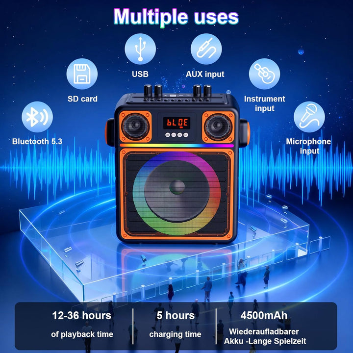 Karaoke Maschine mit 2 Mikrofone, GuKKK Tragbaren Bluetooth Lautsprecher Box und DJ-Lichtern für Erw