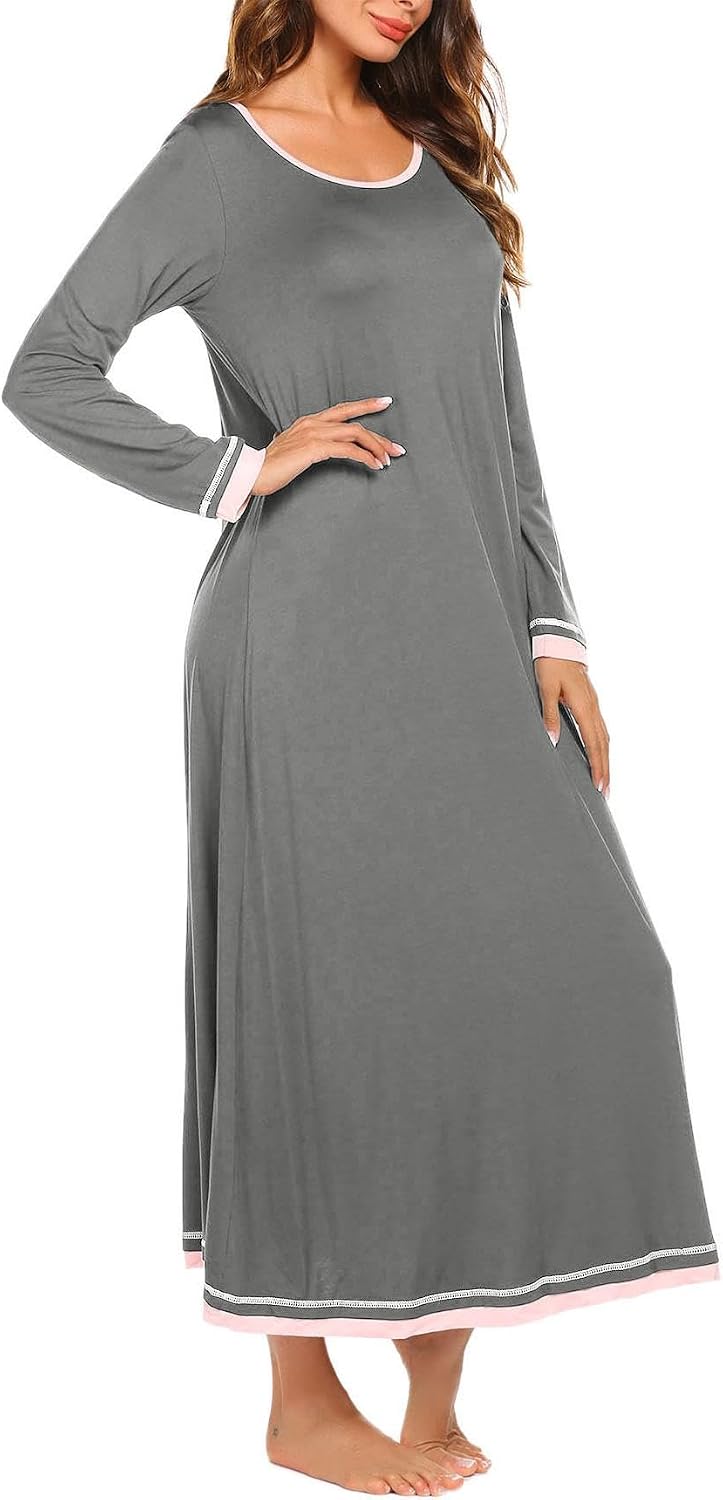 Ekouaer Damen Nachthemd Langarm Elegant Sleepshirt Weich Schlafkleid Lange Nachthemden Kontrastfarbe