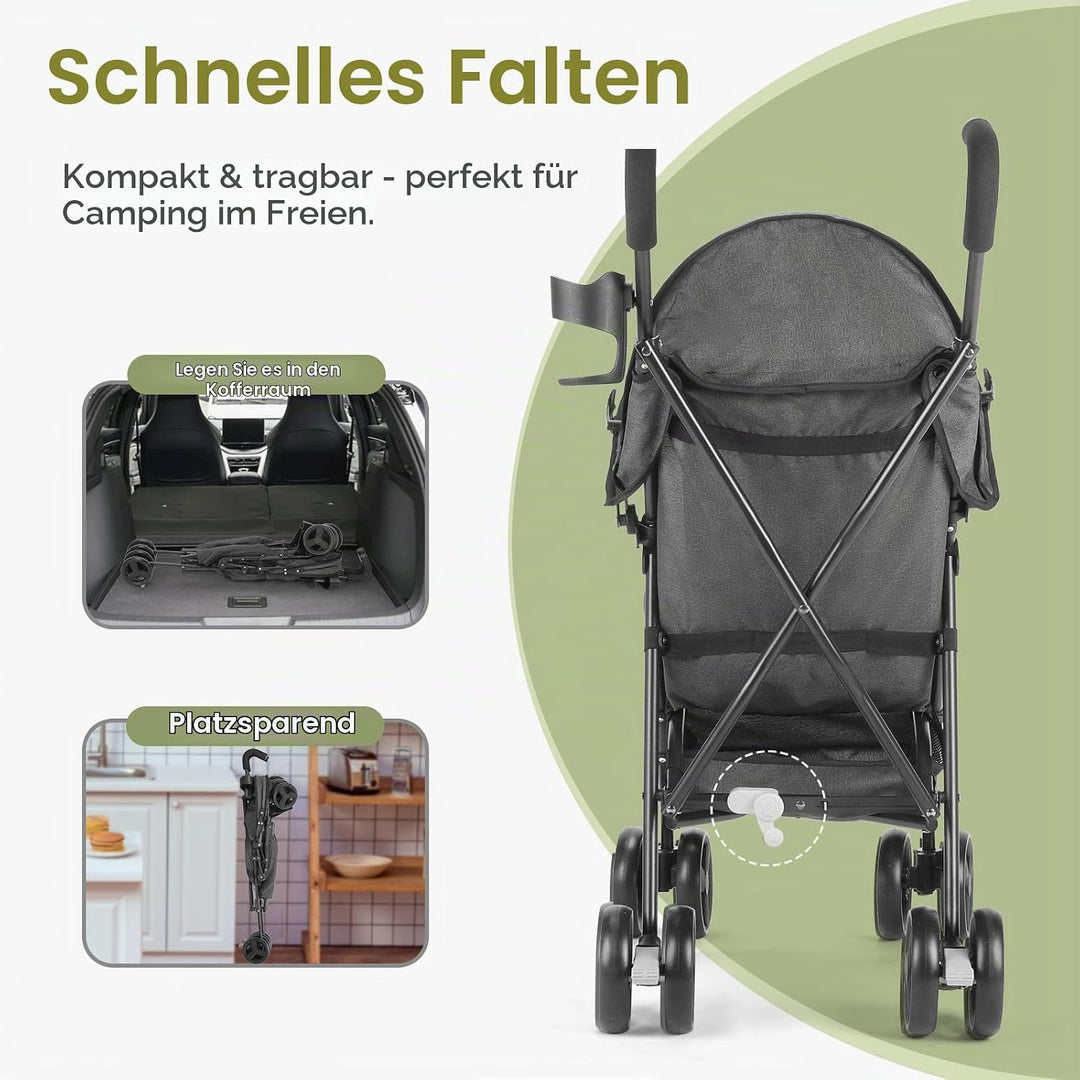 Einhändig klappbarer, leichter Kinderwagen, grosser Aufbewahrungskorb, Verdeck, Getränkehalter, komp