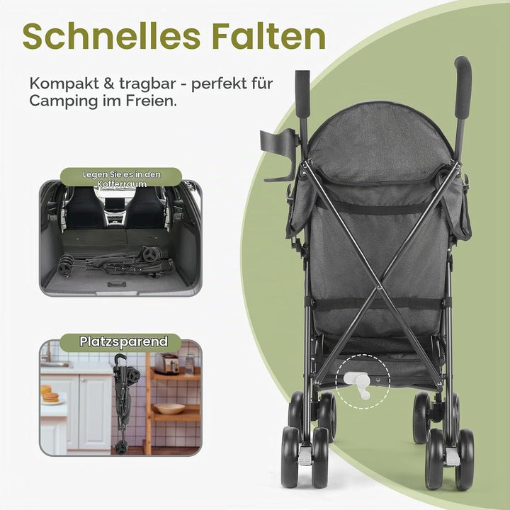 Einhändig klappbarer, leichter Kinderwagen, grosser Aufbewahrungskorb, Verdeck, Getränkehalter, komp