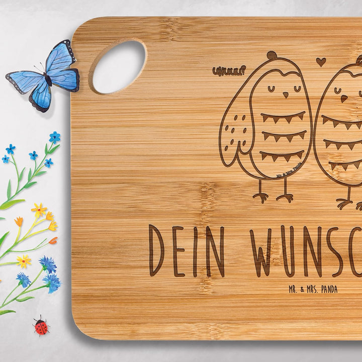 Mr. & Mrs. Panda Holzschneidebrett mit Gravur Eulen Liebe - Personalisierte Geschenke, Frühstücksbre