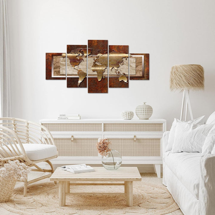 Runa Art Wandbilder Weltkarte 5 Teilig Bild auf Vlies Leinwand Deko Büro Wohnzimmer Abstrakt metall
