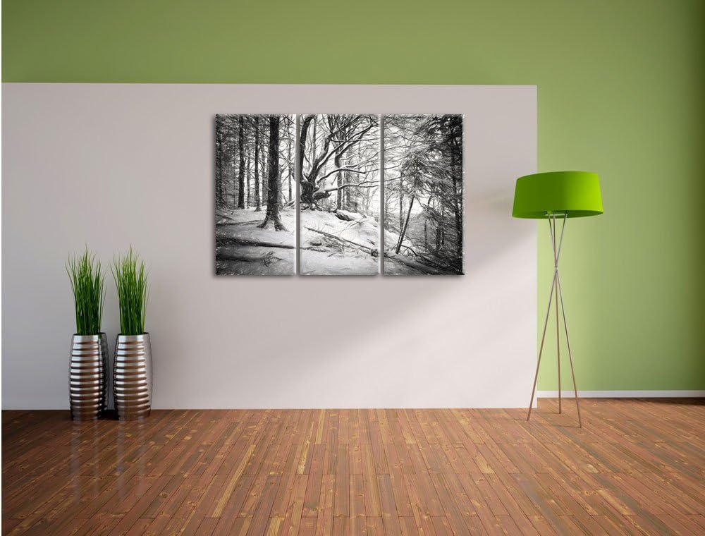 Pixxprint Wald mit Schnee bedeckt als Leinwandbild/Grösse: 3 Teilig (120x80) cm/Wandbild/Kunstdruck/