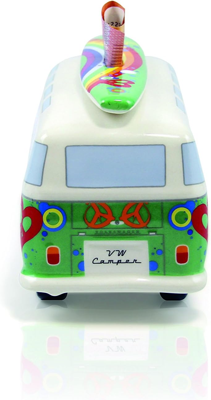 BRISA VW Collection - Volkswagen Spar-Büchse-Schwein-Dose mit Surfbrett im T1 Bulli Bus Samba Design