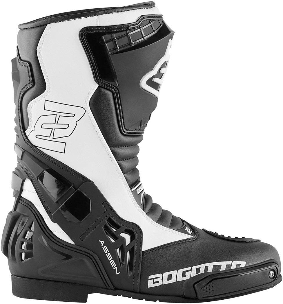 Bogotto Assen Motorradstiefel, schwarz/weiss, 47 Schwarz Weiss 47 EU, Schwarz Weiss 47 EU