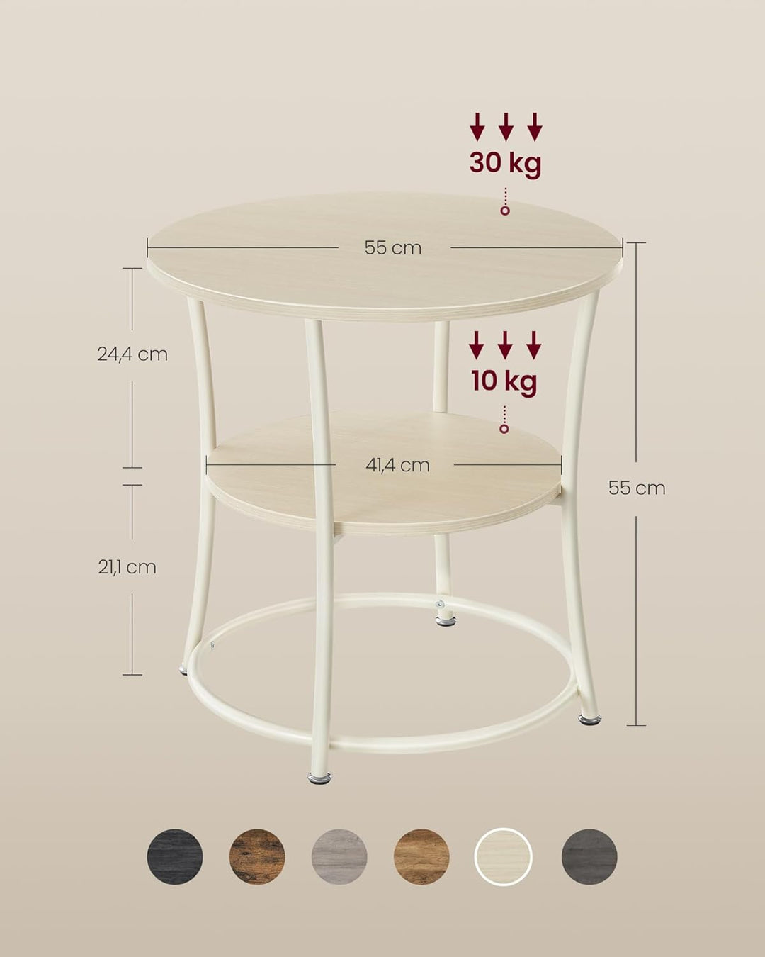 VASAGLE Beistelltisch, Couchtisch rund, Sofatisch, 2 Ablagen, Wohnzimmer, Schlafzimmer, einfacher Au