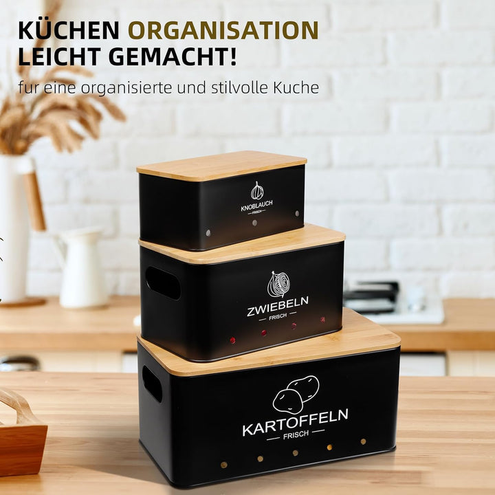 3er Set Kartoffel Aufbewahrungsbox Schwarz - Rechteckiger - Kartoffel Zwiebel Knoblauch Aufbewahrung
