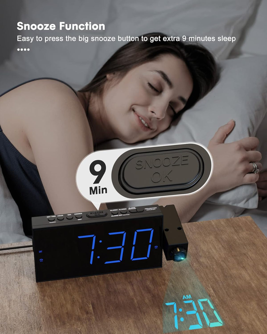 ROCAM Wecker mit Projektion, Projektionswecker mit USB Ladegerät, Batterie-Backup, 350°Projektor & D