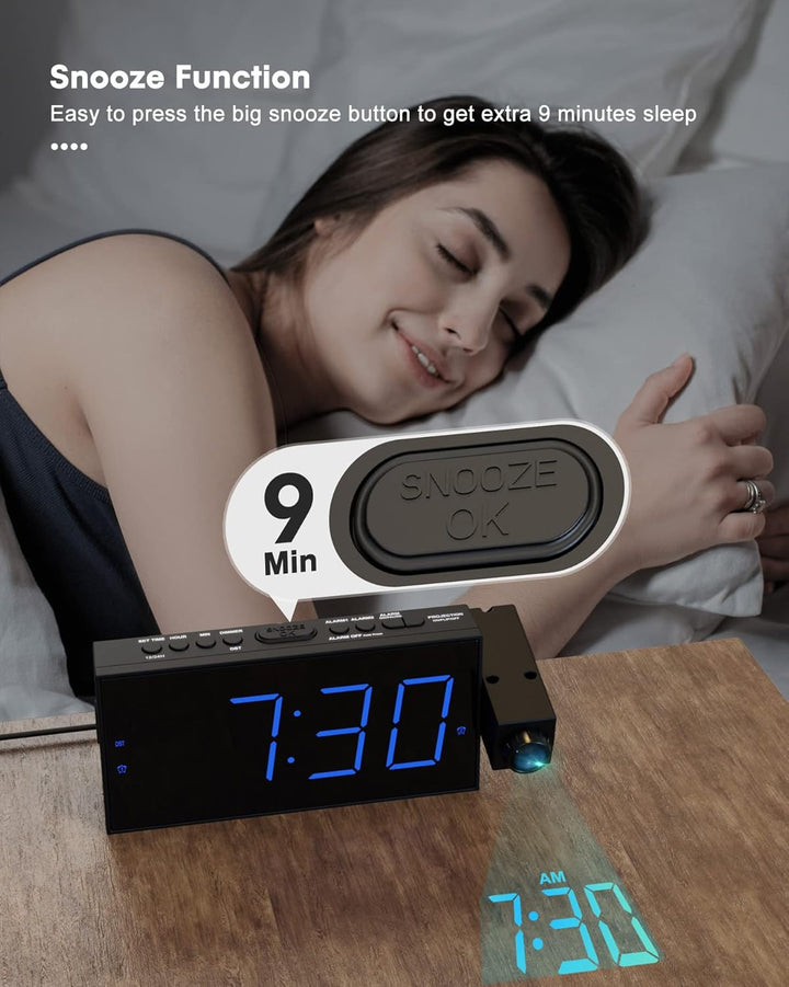 ROCAM Wecker mit Projektion, Projektionswecker mit USB Ladegerät, Batterie-Backup, 350°Projektor & D