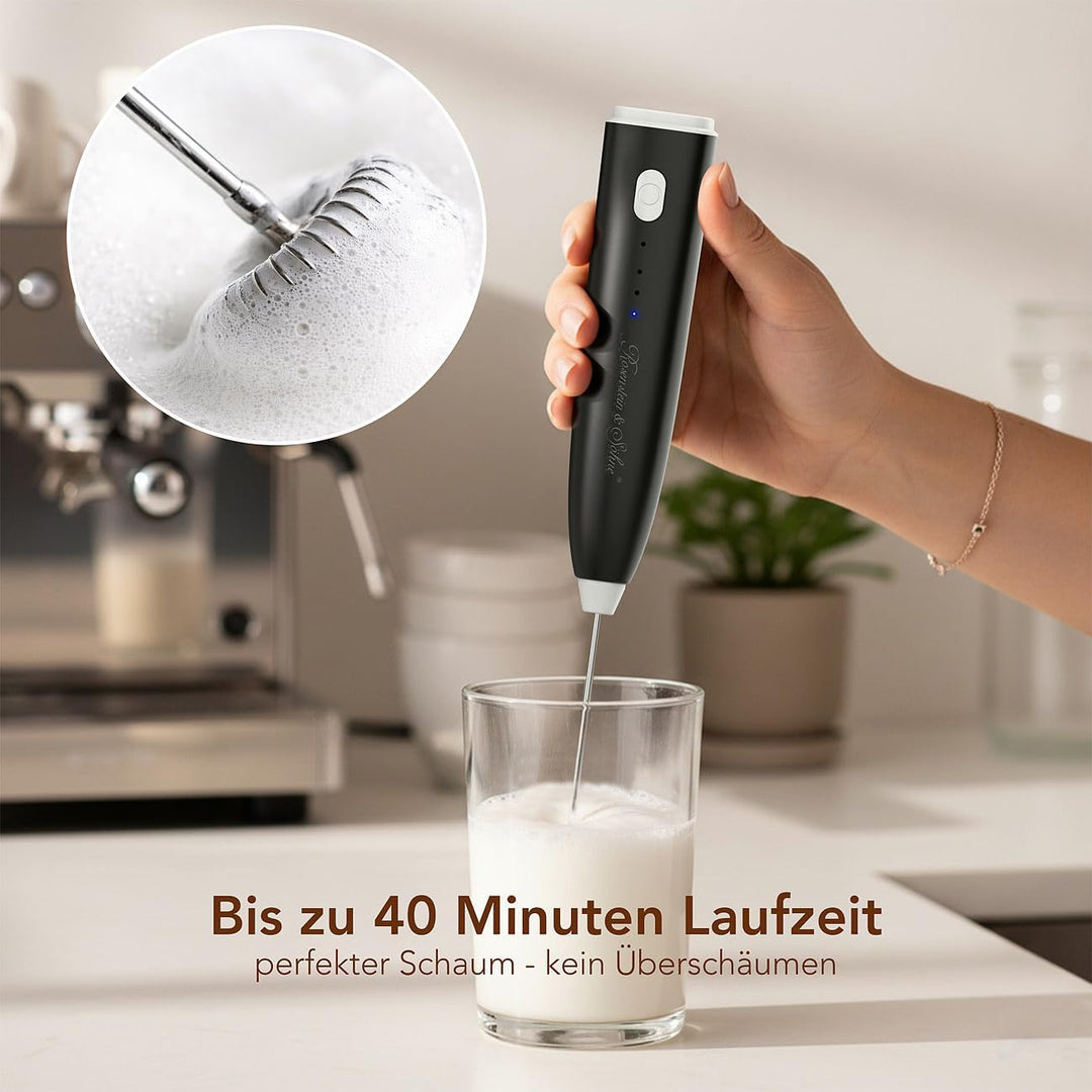 Rosenstein & Söhne Milchaufschäumer-Stick: 2er-Set 2in1-Akku-Milchaufschäumer, 800 mAh, 3 Stufen, 2