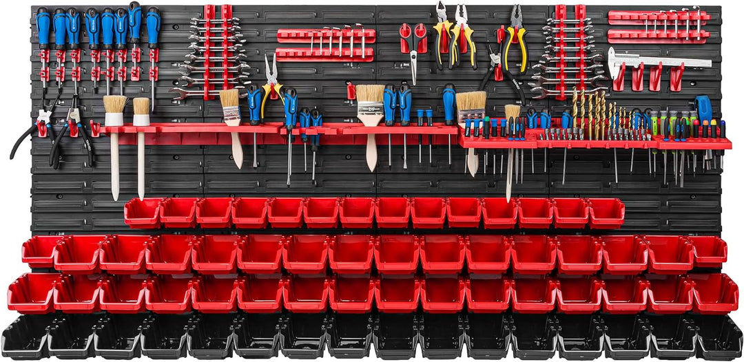 Lagersystem Werkstattregal | 156 x 78 cm | 62 stck. Box | Wandregal mit Werkzeughalterungen und Stap