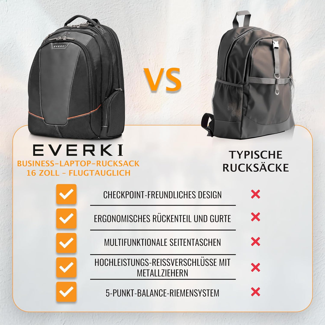 Everki Flight Business Laptop Rucksack 28,5 L für 16-Zoll Laptops – geräumiger Reise- & Arbeitsrucks