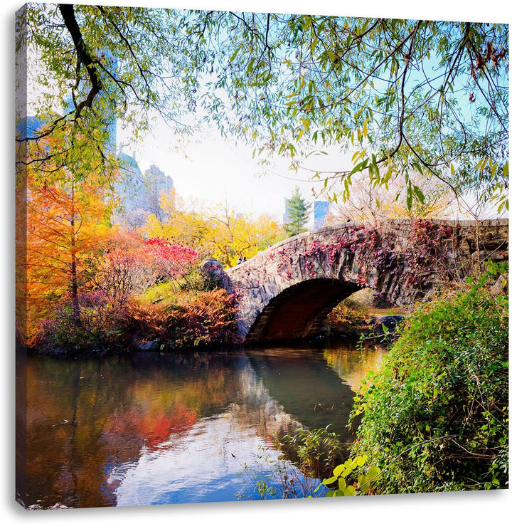 Brücke im Central Park, Format: 70x70 auf Leinwand, XXL riesige Bilder fertig gerahmt mit Keilrahmen