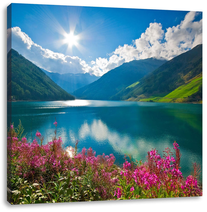 Blumenwiese am Bergsee, Format: 70x70 auf Leinwand, XXL riesige Bilder fertig gerahmt mit Keilrahmen