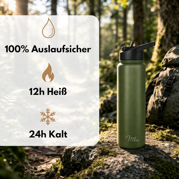 Milu Edelstahl Trinkflasche 500ml, 750ml, 1000ml (+3 Deckel) - Thermosflasche mit Strohhalm, Isolier