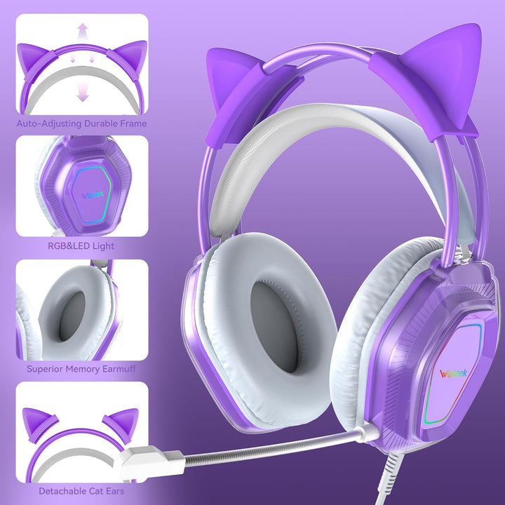 Wantak Katzenohr Kopfhörer mit Mikrofon – Kabel (3,5mm/USB) – Gaming Headset für PC/PS5/Xbox – Noise