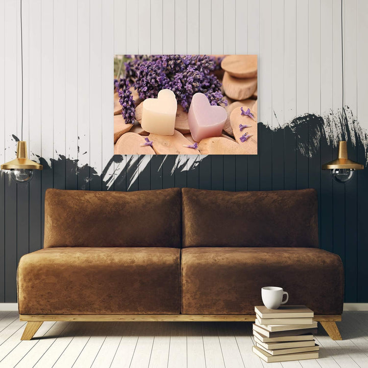 Feeby Vlies Leinwandbild Herzen Lavendel Blumen 80x60 cm Wand Bild Kunstdruck Deko Wohnzimmer Wohnun