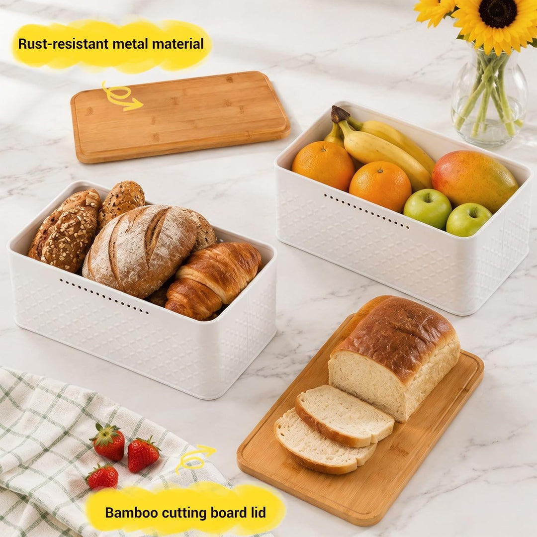 Brotkasten Metall mit Bambusdeckel als Schneidebrett Brotbox Küche | Hochwertige Brotdose mit Bambus
