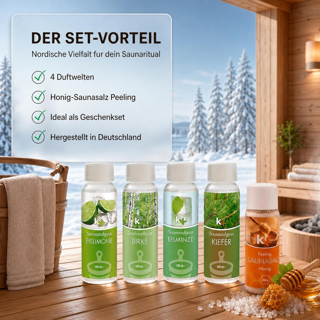 KK Sauna -Set mit Salz Peeling | KK Saunaaufgussset "Skandinavien" 4 x 100 ml + 200 g KK Saunasalz "