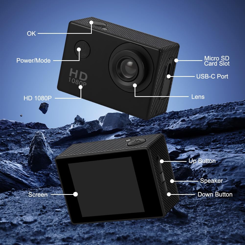 Action cam mit 32G Karte, HD 1080P30FPS Unterwasserkamera 30m Wasserdicht mit 900mAh Akkus, 140° Ult