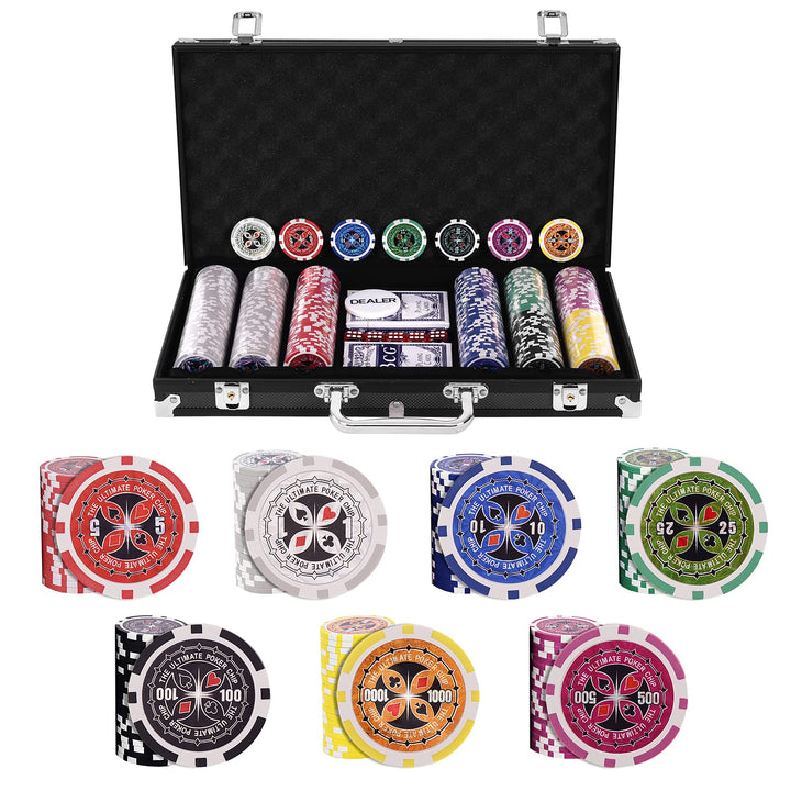HOMASIS Pokerset mit 300 Chips, Alu Pokerkoffer mit 2 Kartendecks, 5 Würfeln, 1 Dealer Button, Poker