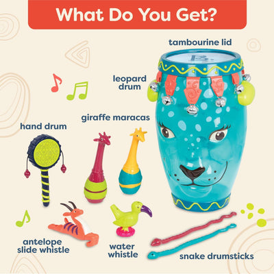 B. toys Bongo Trommel mit Trommelstöcken, Tamburin, Maracas, Percussion Set – Spielzeug Kindertromme