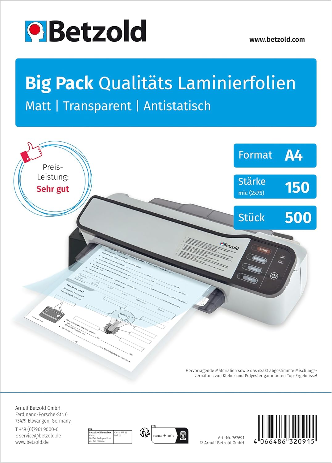 Betzold - Laminier-Folien A4 500 Stück Big-Pack 150 mic glänzend - Laminieren Kunststoff, Kunststoff