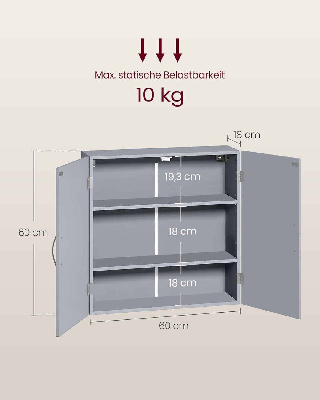 VASAGLE Badezimmerschrank, Badschrank, wandmontiert, 18 x 60 x 60 cm, Wandschrank mit verstellbaren