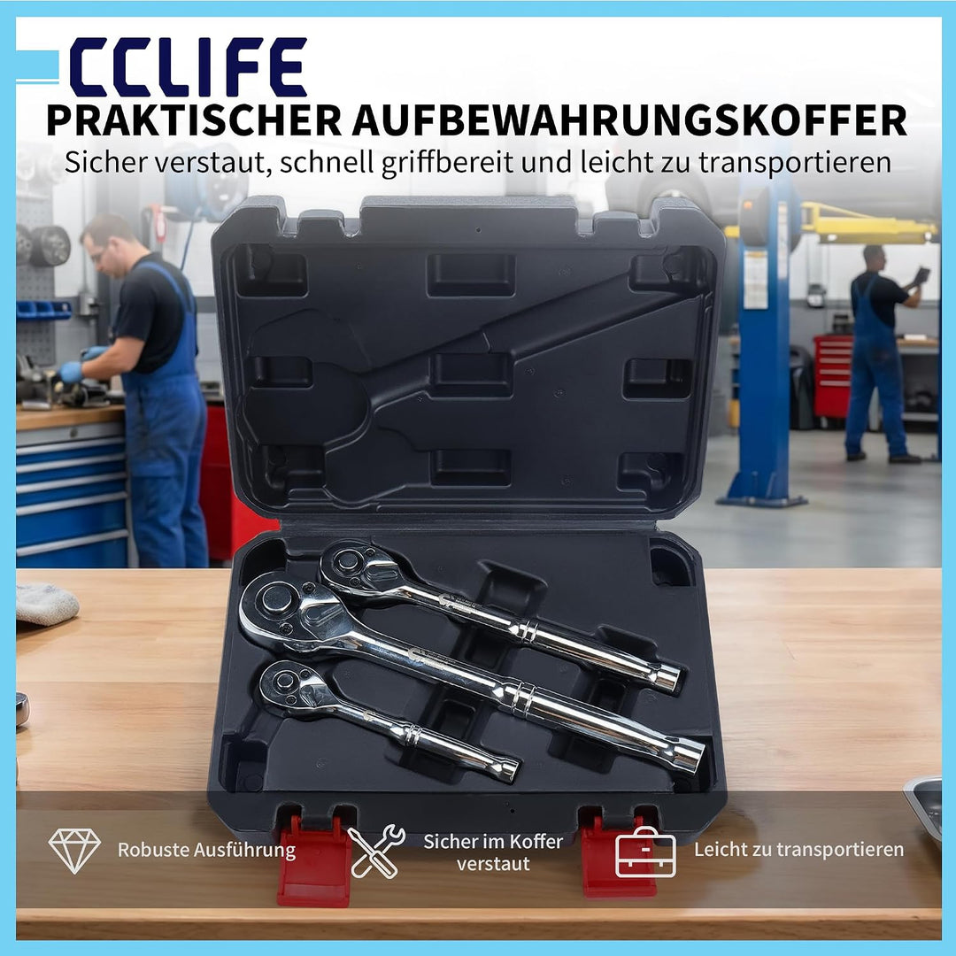 CCLIFE Ratschen set, 3-tlg, 1/4" 3/8" 1/2" 72-Zahn 140/200/245 mm Antrieb Ratschen-Satz, 3-tlg., Rat