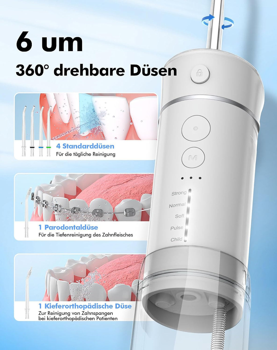 Reise Munddusche Kabellos Zahnreinigung: Oral Irrigator mit 5 Modi, 180ML Wassertank IPX7 Wasserdich