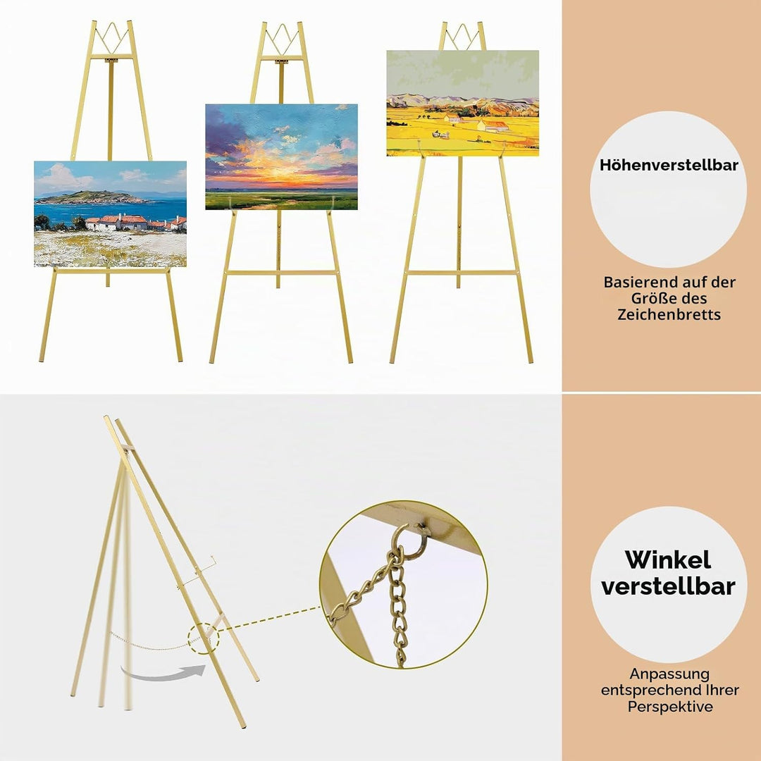 WATIHERE Goldener Staffelei-Ständer für Hochzeitsschilder, keine Montage erforderlich, verstellbar,