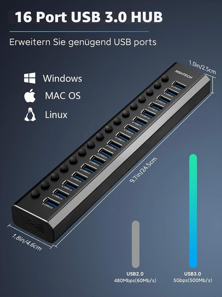 RSHTECH 16 Port USB Hub Aktiv 3.0 mit 100W Netzteil, Aluminium Multiport USB 3.0 Hub mit 12V/8.3A Ne