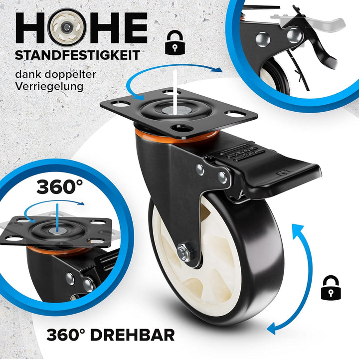 PEARWAY™ Premium Lenkrollen 125mm mit Bremse [4 Stk bis 680kg] inkl. Montagezubehör I Robuste Transp