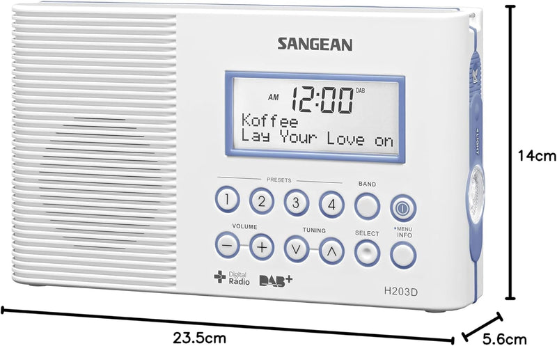 Sangean H-203D H-203 Tragbares Radio | Wasserdichtes DAB + und UKW-Radio | Digitale badradio | Mit T