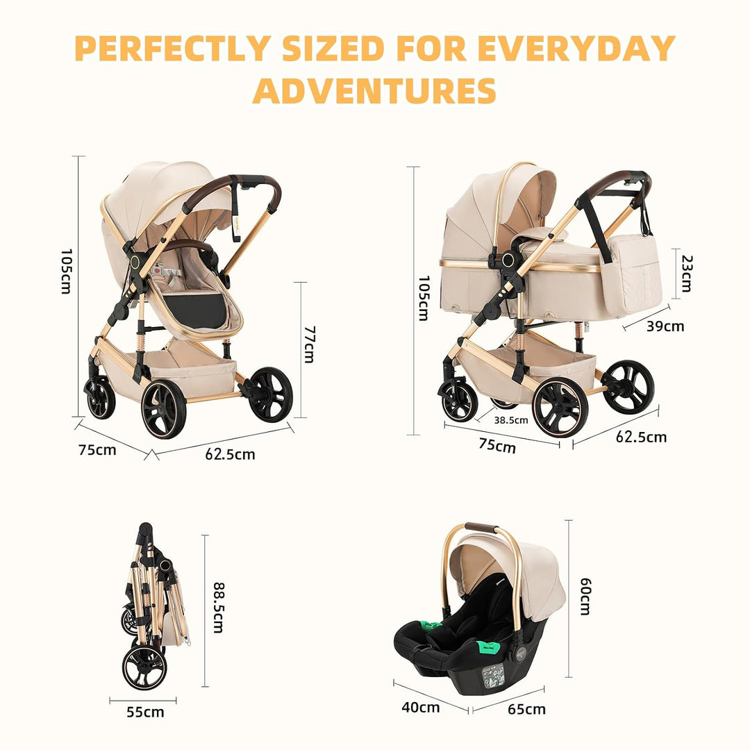 BEBBY Kinderwagen, Standard-Kinderwagen, Kinderwagen 3 in 1,Kinderwagen mit Faltbarem Tragbarem für