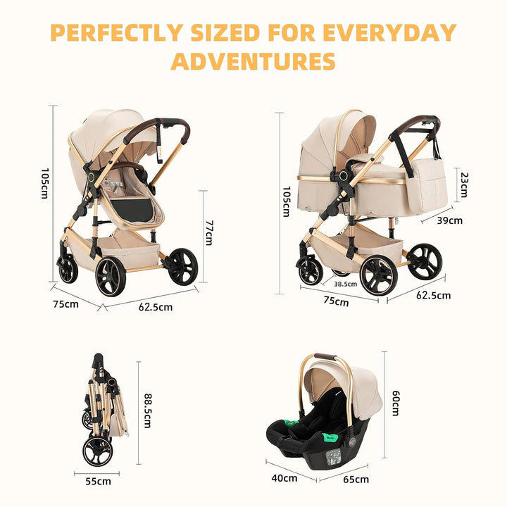 BEBBY Kinderwagen, Standard-Kinderwagen, Kinderwagen 3 in 1,Kinderwagen mit Faltbarem Tragbarem für