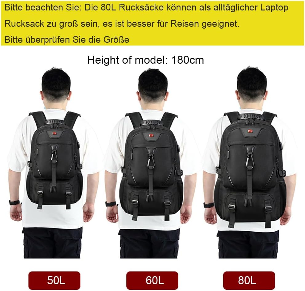 50L 60L 80L Gross Reiserucksack Herren,Erweiterbar Handgepäck Rucksack,17-Zoll Laptoptasche Arbeit L