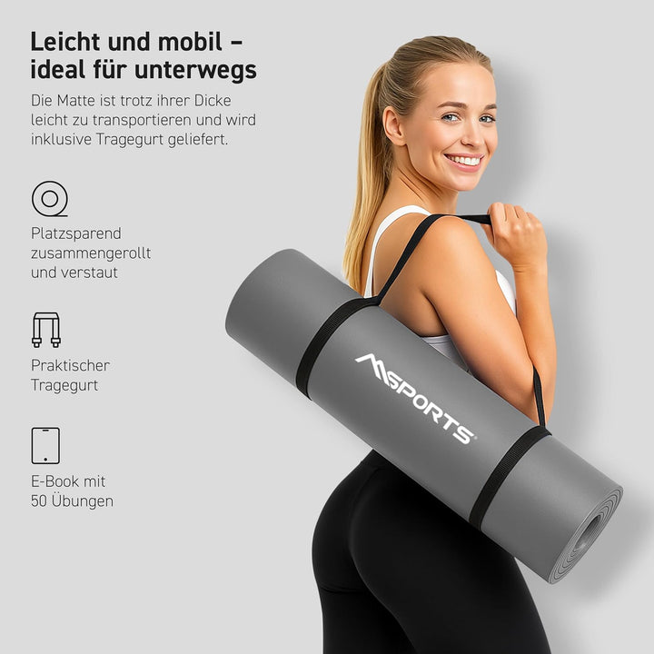 MSPORTS Gymnastikmatte | Yogamatte Premium rutschfest inkl. Tragegurt + Übungsposter + Workout App I