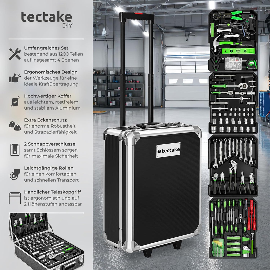 tectake Werkzeugkoffer, Werkzeugset, Werkzeugkoffer gefüllt 1200-teilig, Werkzeugtrolley, Werkzeugki
