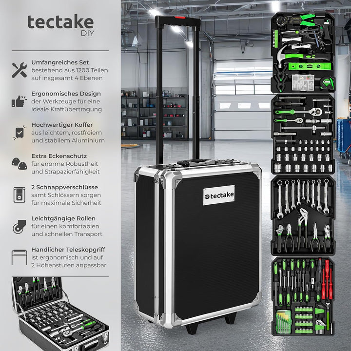tectake Werkzeugkoffer, Werkzeugset, Werkzeugkoffer gefüllt 1200-teilig, Werkzeugtrolley, Werkzeugki