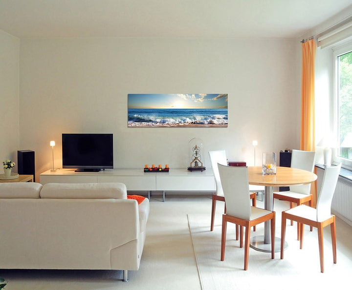 Paul Sinus Art Panoramabild auf Leinwand und Keilrahmen 150x50cm Meer Strand Wellen Sonnenuntergang
