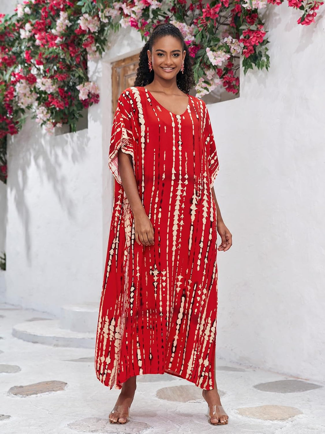 Bsubseach Damen Print Beach Kaftan Kleid Kurzarm Plus Size Strandponcho C- Rot, C- Rot