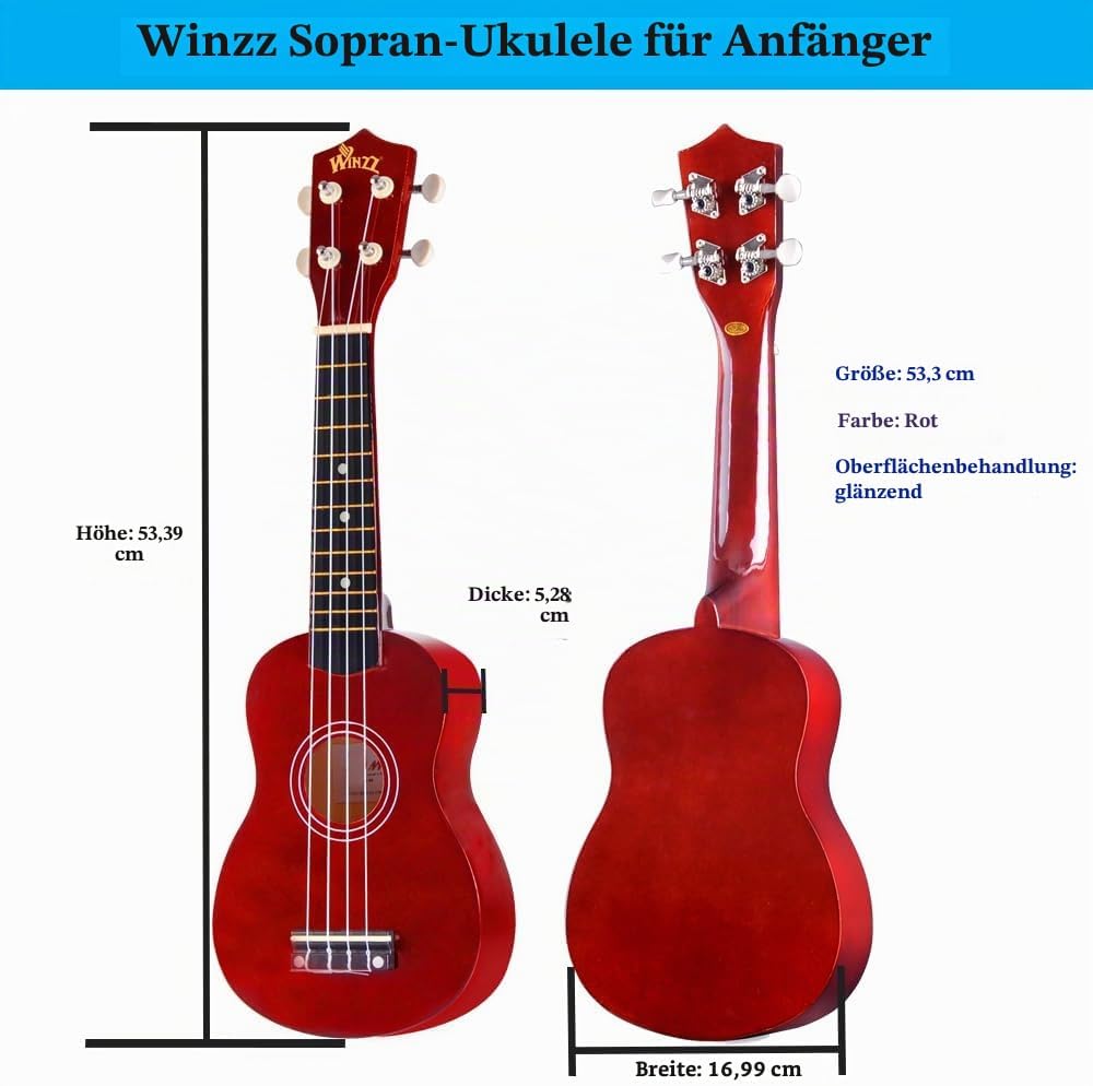 Winzz Sopran Ukulele Starter Kit für Anfänger mit Tasche, Clip-On Tuner, Zusätzlichen Saiten, Gurt,